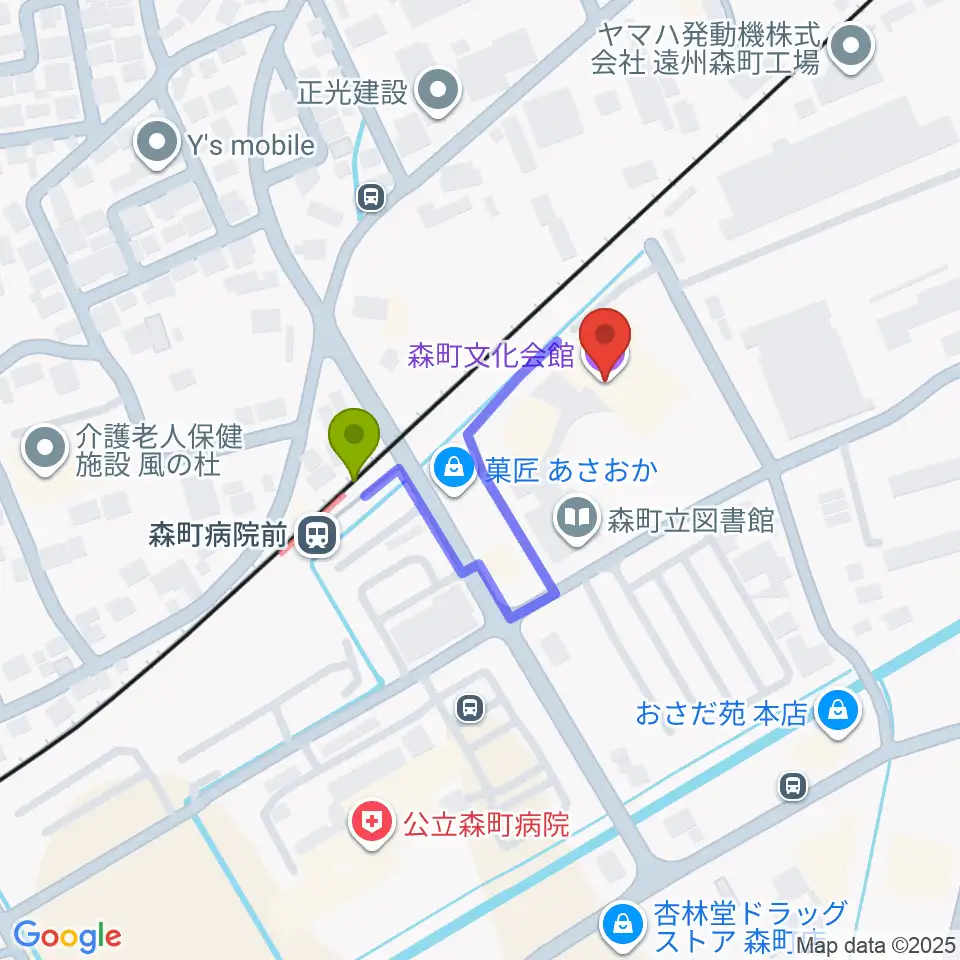 森町文化会館ミキホールの最寄駅森町病院前駅からの徒歩ルート（約2分）地図