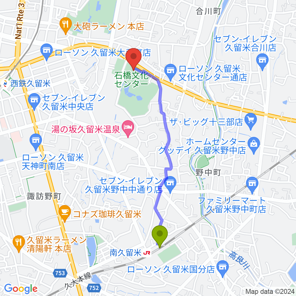 南久留米駅から石橋文化会館へのルートマップ地図