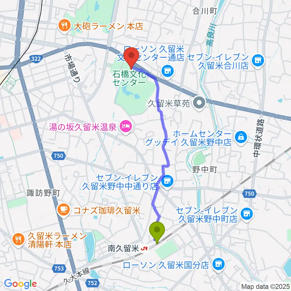 南久留米駅から石橋文化会館へのルートマップ地図