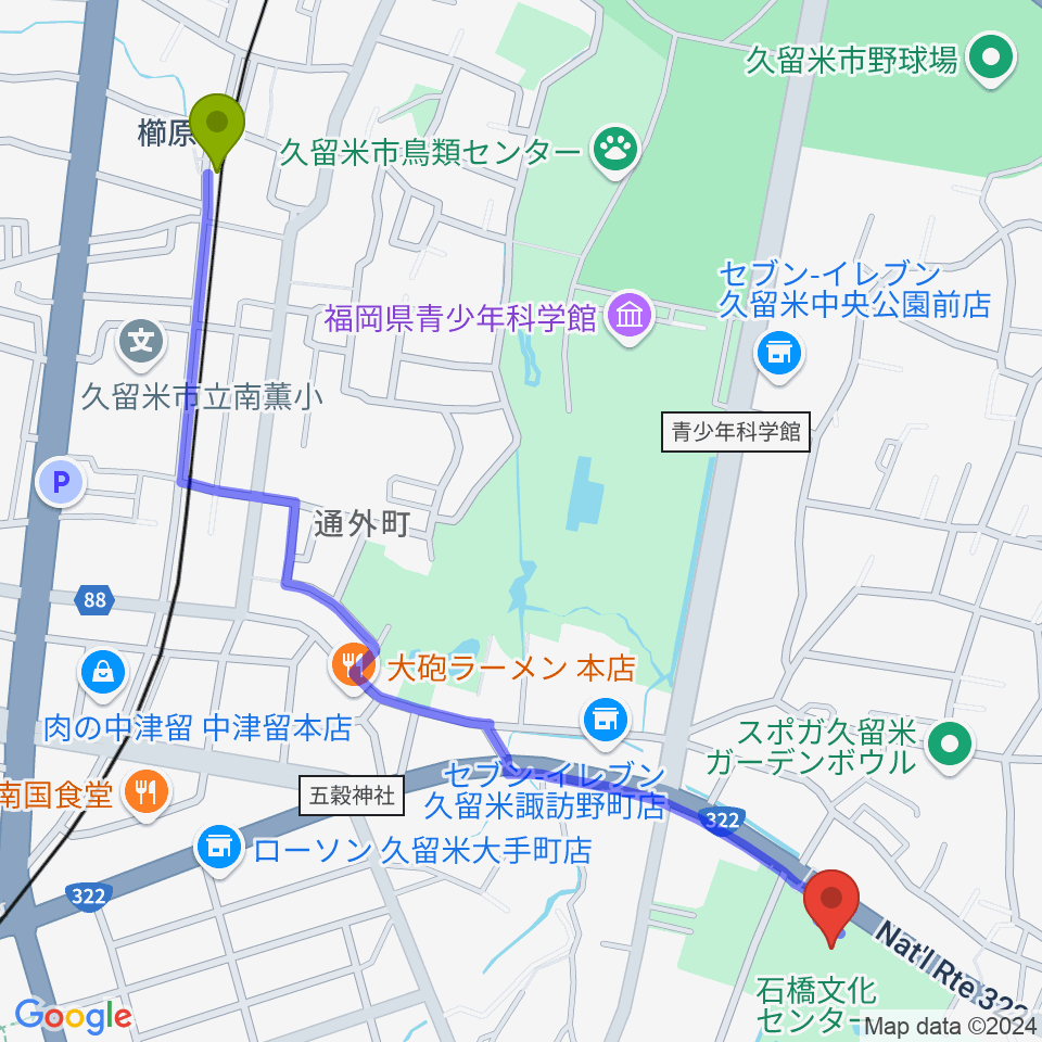 櫛原駅から石橋文化会館へのルートマップ地図