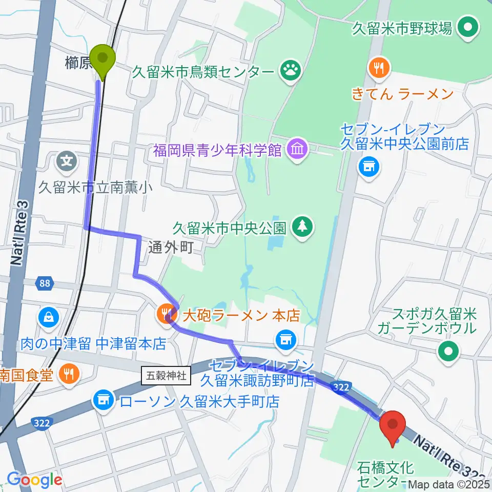 櫛原駅から石橋文化会館へのルートマップ地図