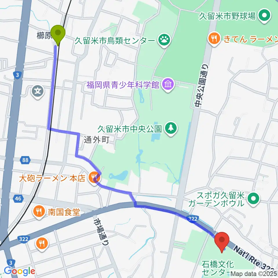 櫛原駅から石橋文化会館へのルートマップ地図