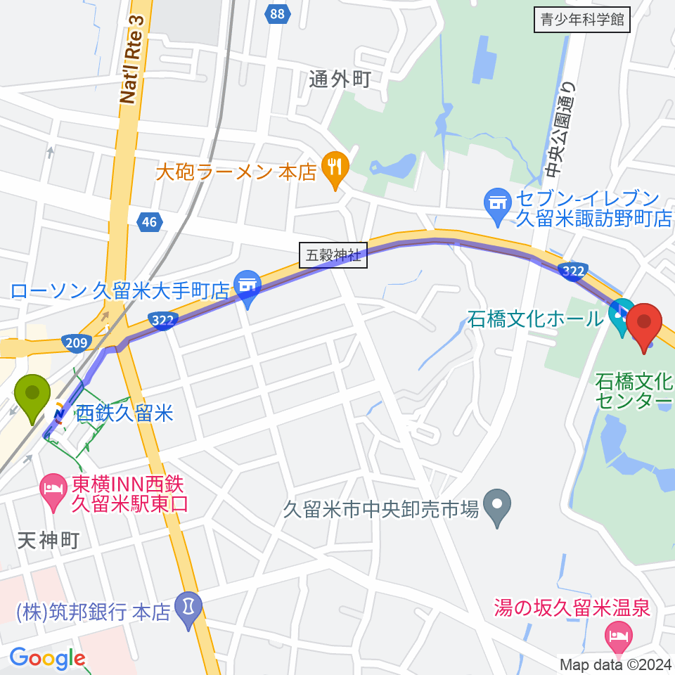 石橋文化会館の最寄駅西鉄久留米駅からの徒歩ルート（約15分）地図