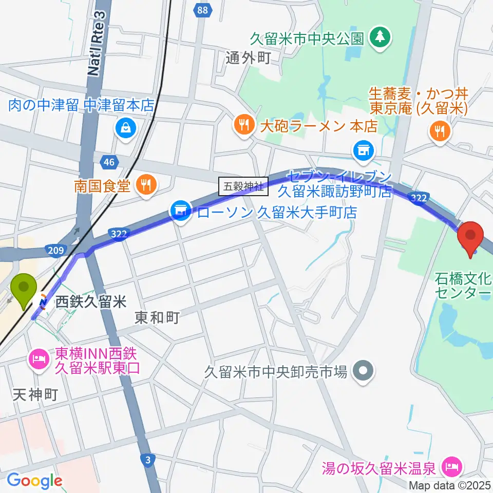 石橋文化会館の最寄駅西鉄久留米駅からの徒歩ルート（約15分）地図