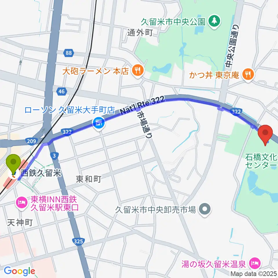 石橋文化会館の最寄駅西鉄久留米駅からの徒歩ルート（約15分）地図