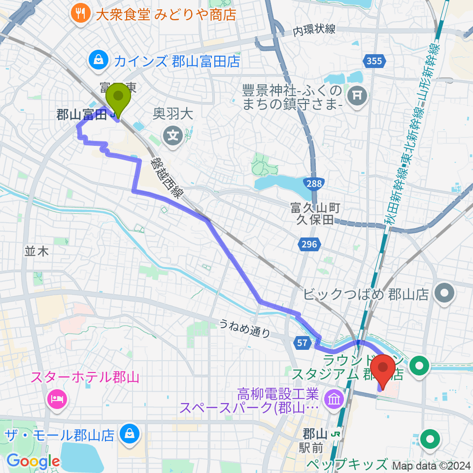 郡山富田駅からポラリス保健看護学院メグレズホールへのルートマップ地図