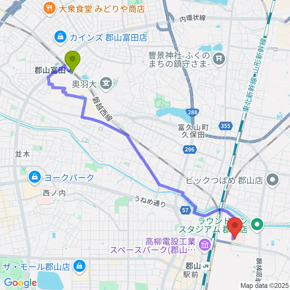 郡山富田駅からポラリス保健看護学院メグレズホールへのルートマップ地図