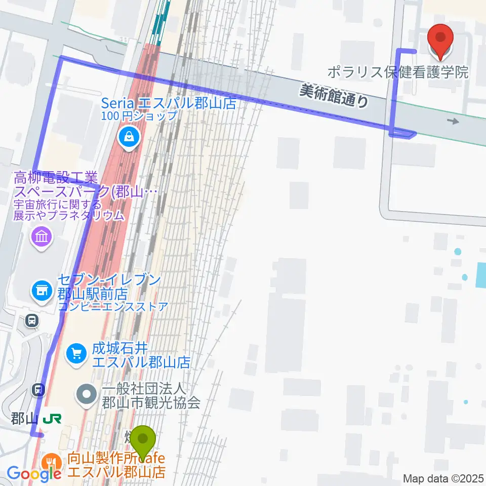 ポラリス保健看護学院メグレズホールの最寄駅郡山駅からの徒歩ルート（約8分）地図