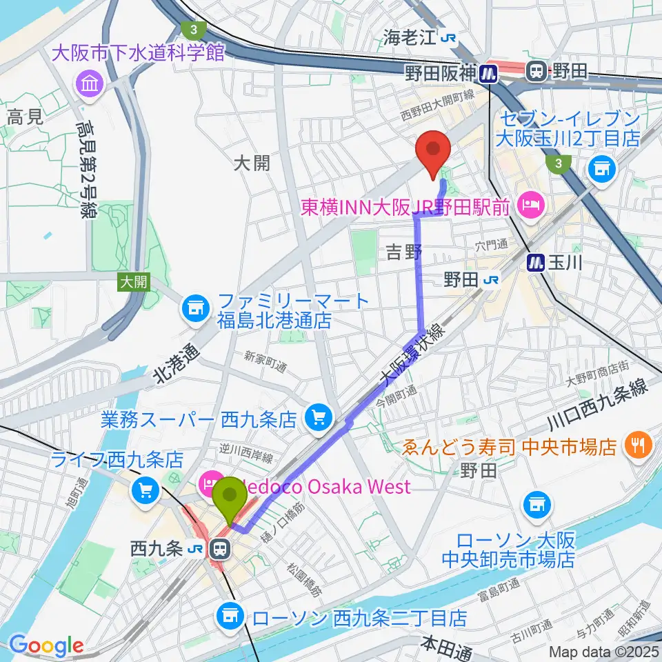 西九条駅から福島区民センター ホールへのルートマップ地図