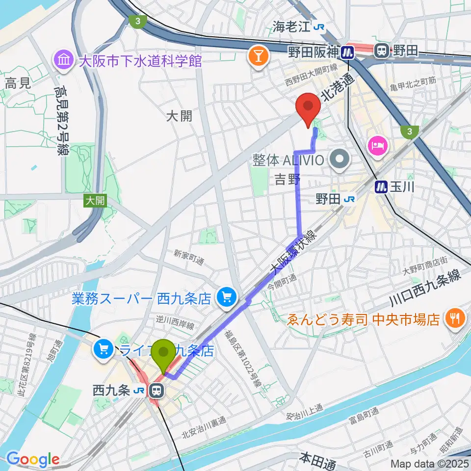 西九条駅から福島区民センター ホールへのルートマップ地図