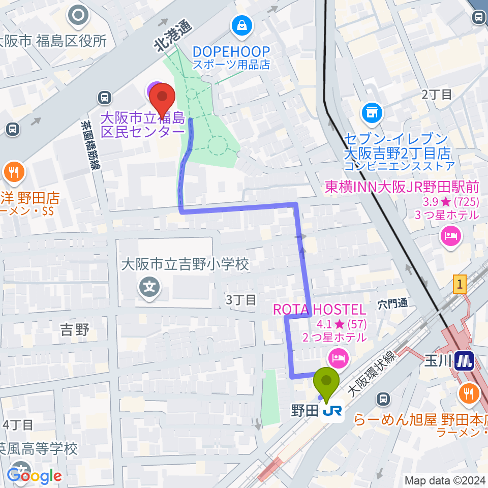 福島区民センター ホールの最寄駅野田駅からの徒歩ルート（約5分）地図