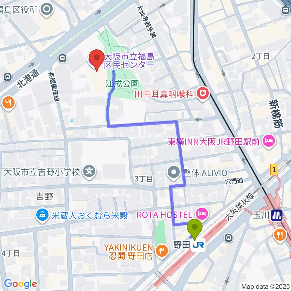 福島区民センター ホールの最寄駅野田駅からの徒歩ルート（約5分）地図