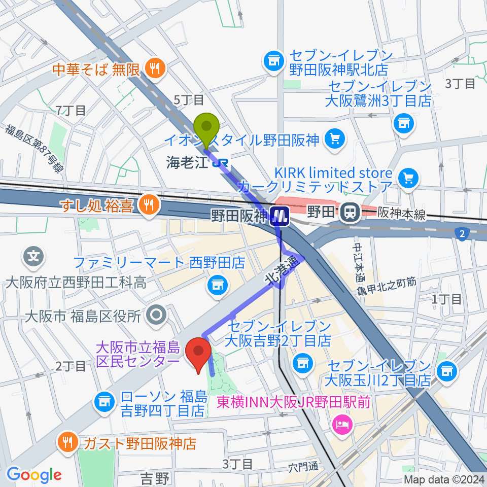 海老江駅から福島区民センター ホールへのルートマップ地図