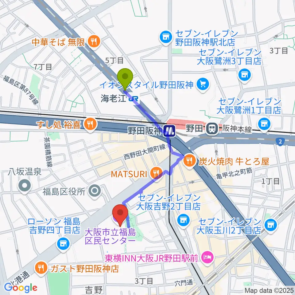 海老江駅から福島区民センター ホールへのルートマップ地図