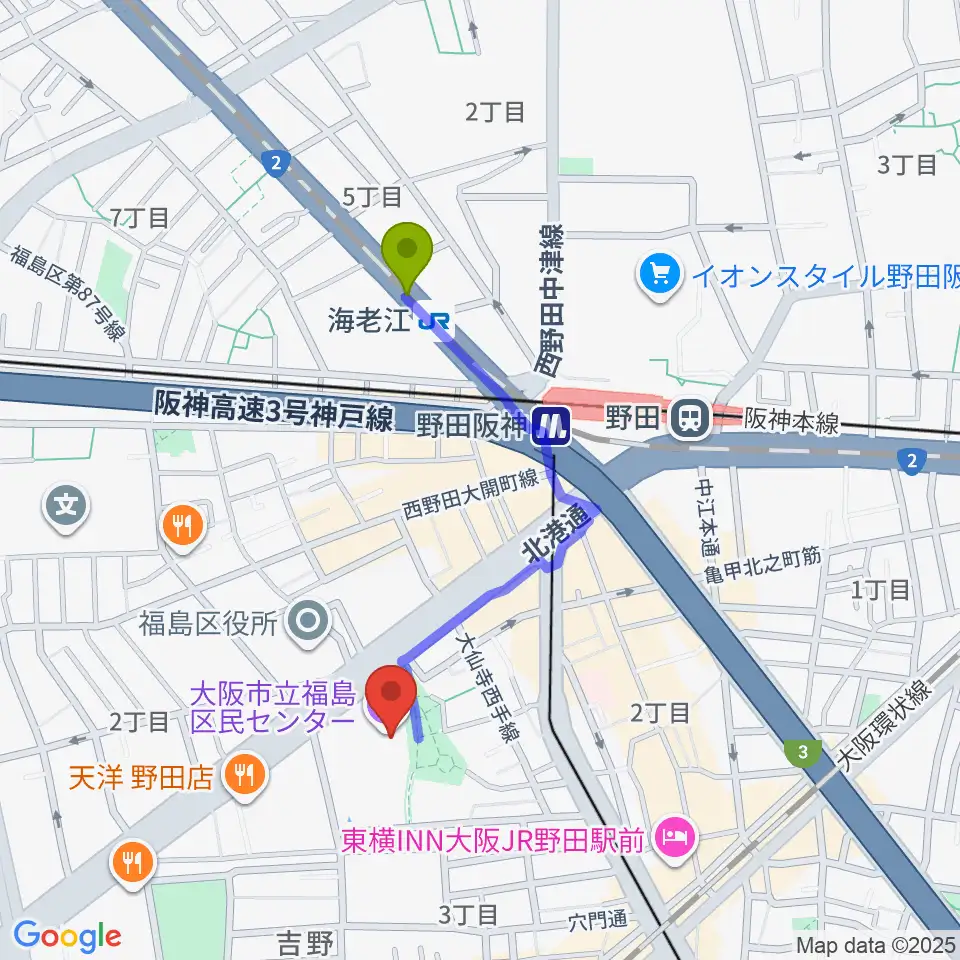 海老江駅から福島区民センター ホールへのルートマップ地図