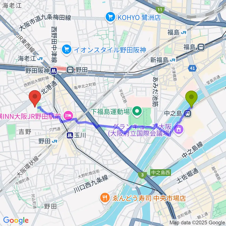 中之島駅から福島区民センター ホールへのルートマップ地図
