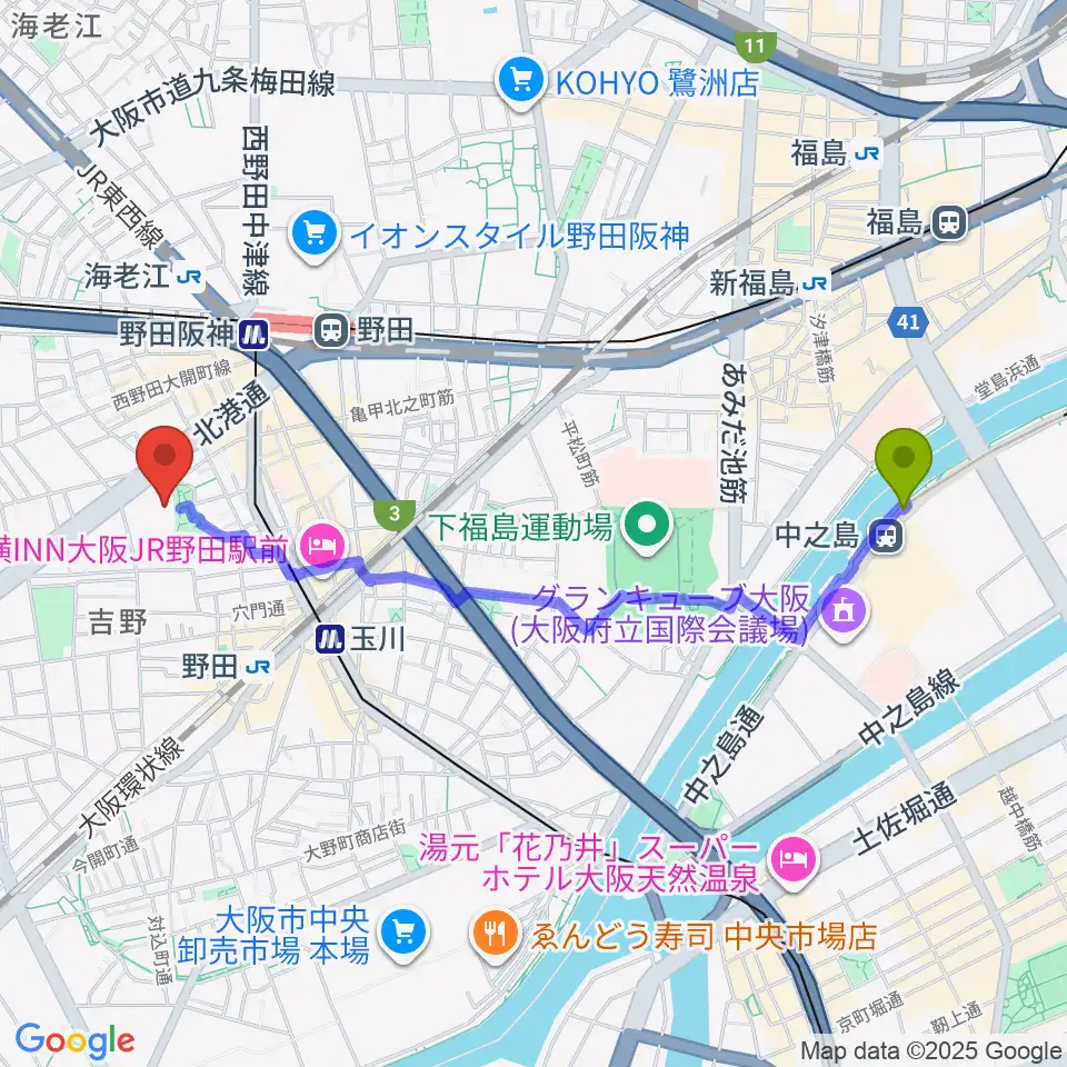 中之島駅から福島区民センター ホールへのルートマップ地図