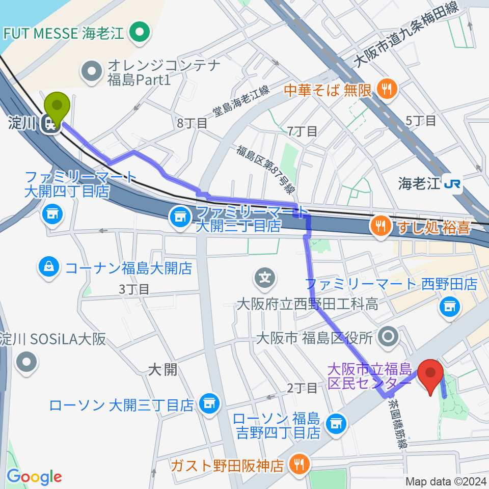 淀川駅から福島区民センター ホールへのルートマップ地図