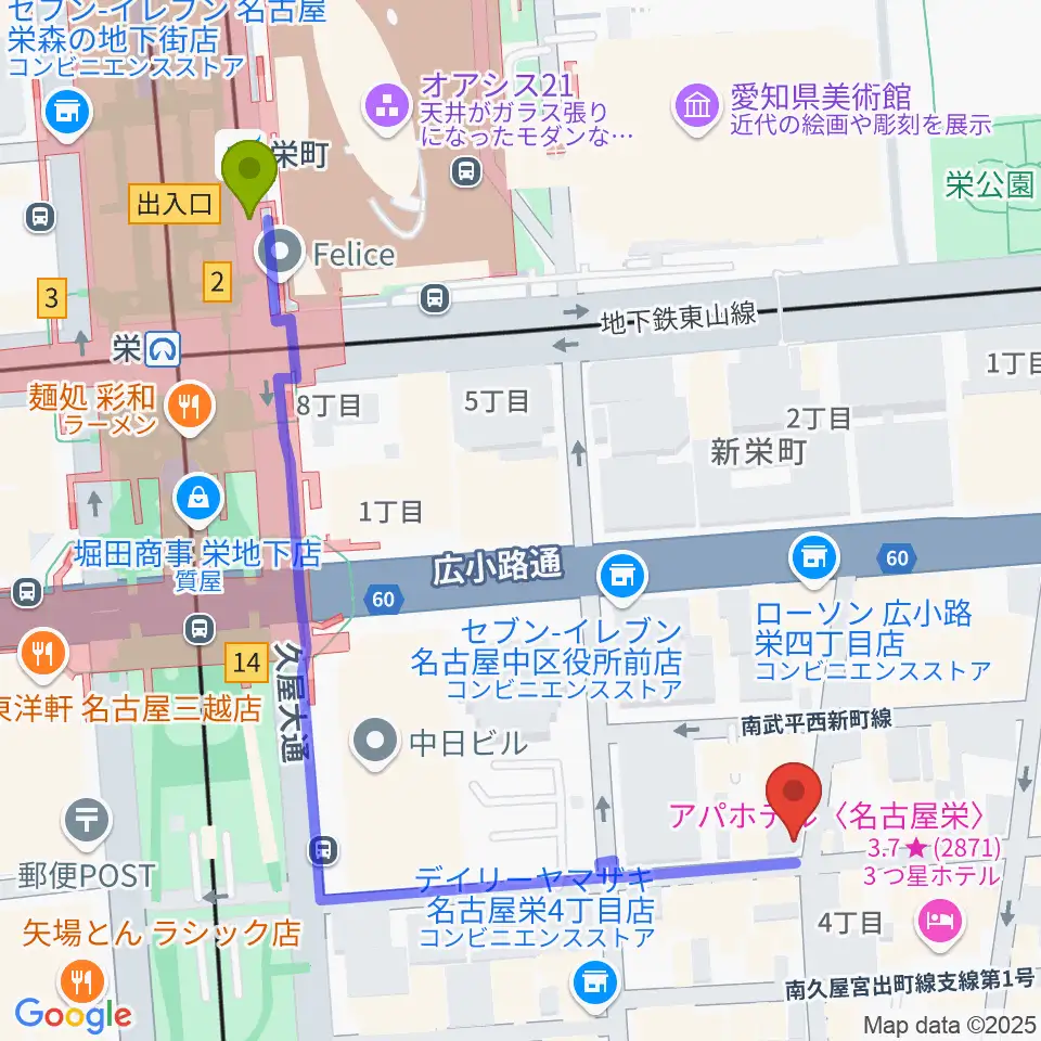 名古屋栄TIGHT ROPEの最寄駅栄町駅からの徒歩ルート（約6分）地図