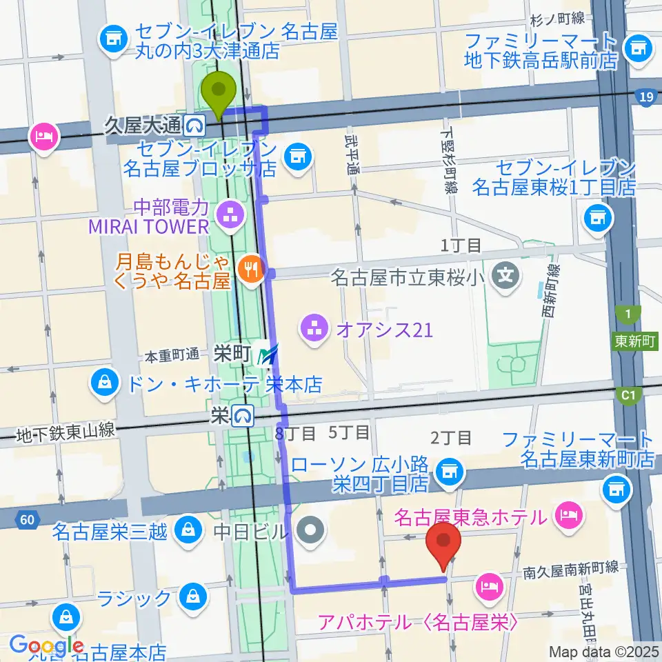 久屋大通駅から名古屋栄TIGHT ROPEへのルートマップ地図