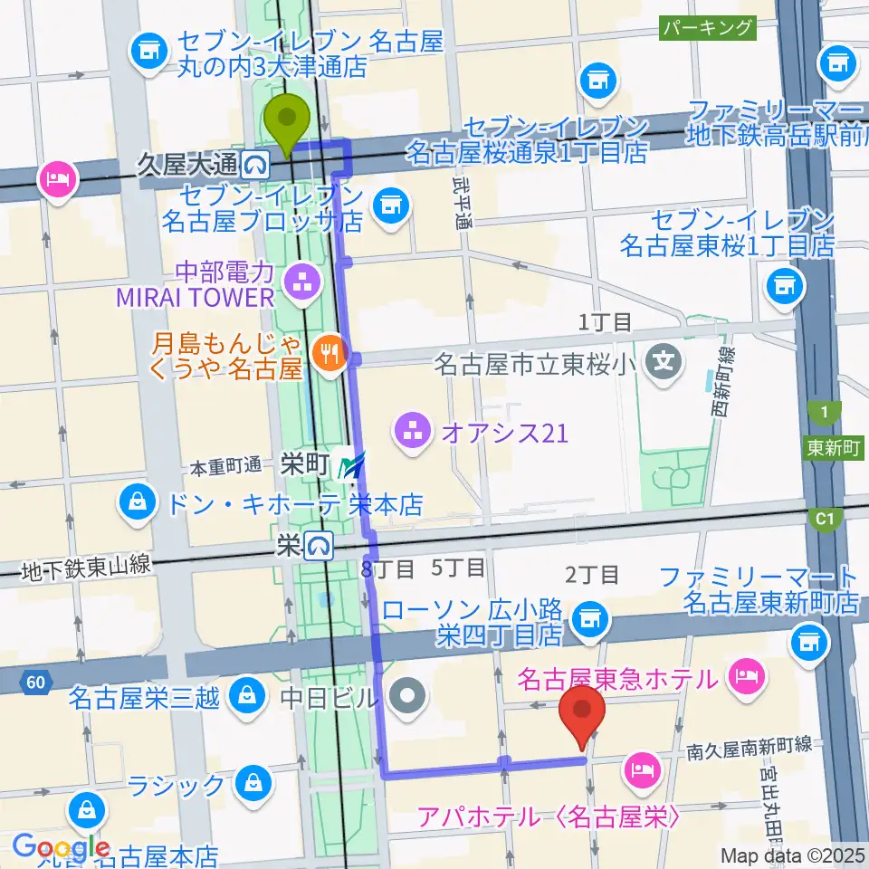 久屋大通駅から名古屋栄TIGHT ROPEへのルートマップ地図