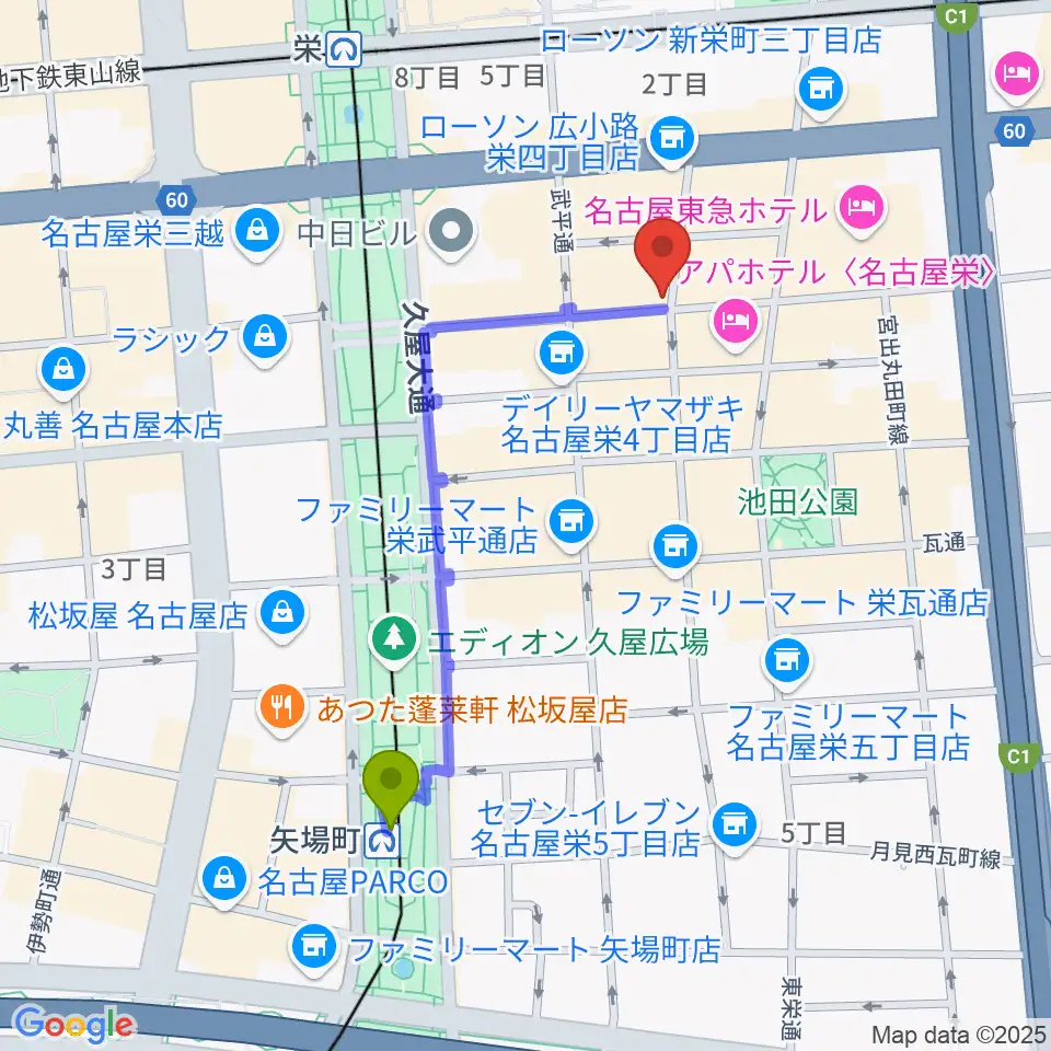 矢場町駅から名古屋栄TIGHT ROPEへのルートマップ地図