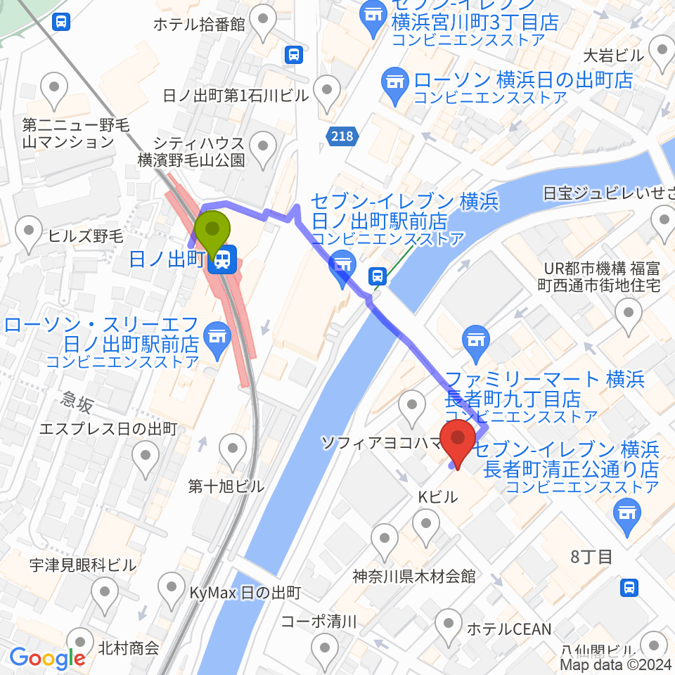 横浜JAZZ FIRSTの最寄駅日ノ出町駅からの徒歩ルート（約4分）地図