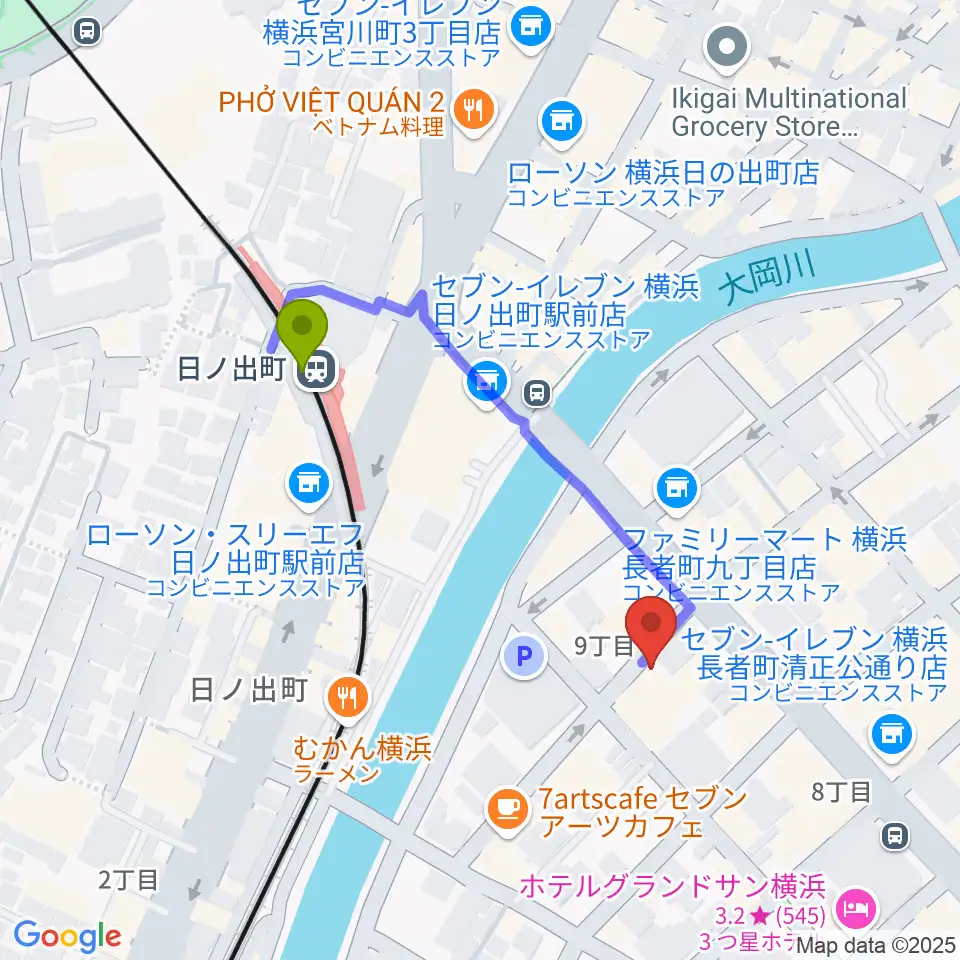 横浜JAZZ FIRSTの最寄駅日ノ出町駅からの徒歩ルート（約4分）地図