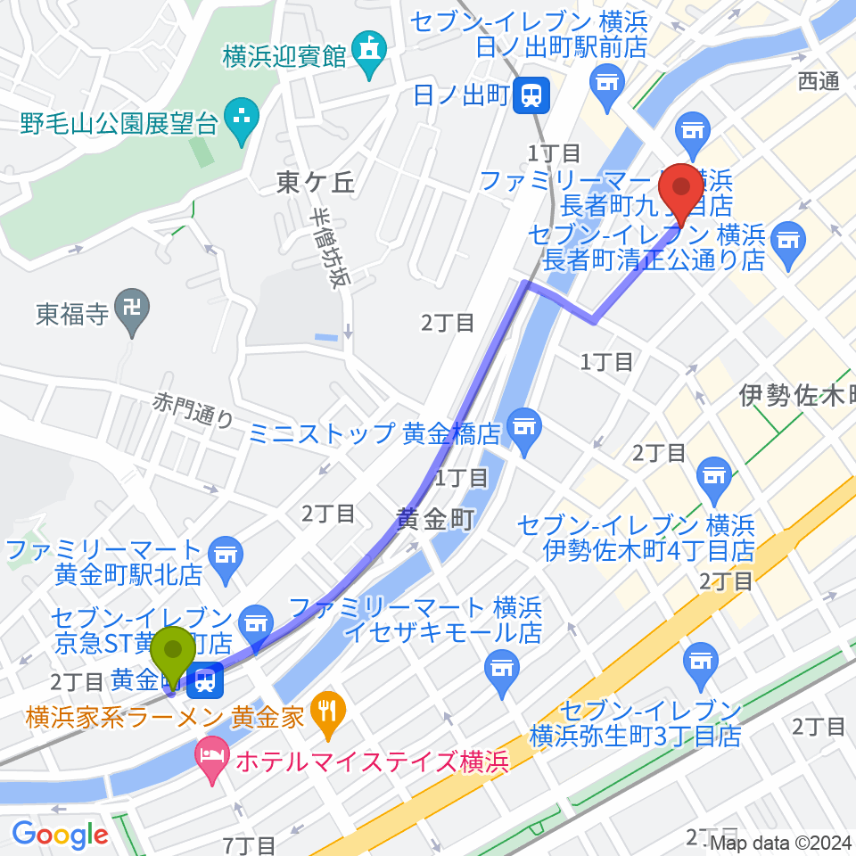 黄金町駅から横浜JAZZ FIRSTへのルートマップ地図