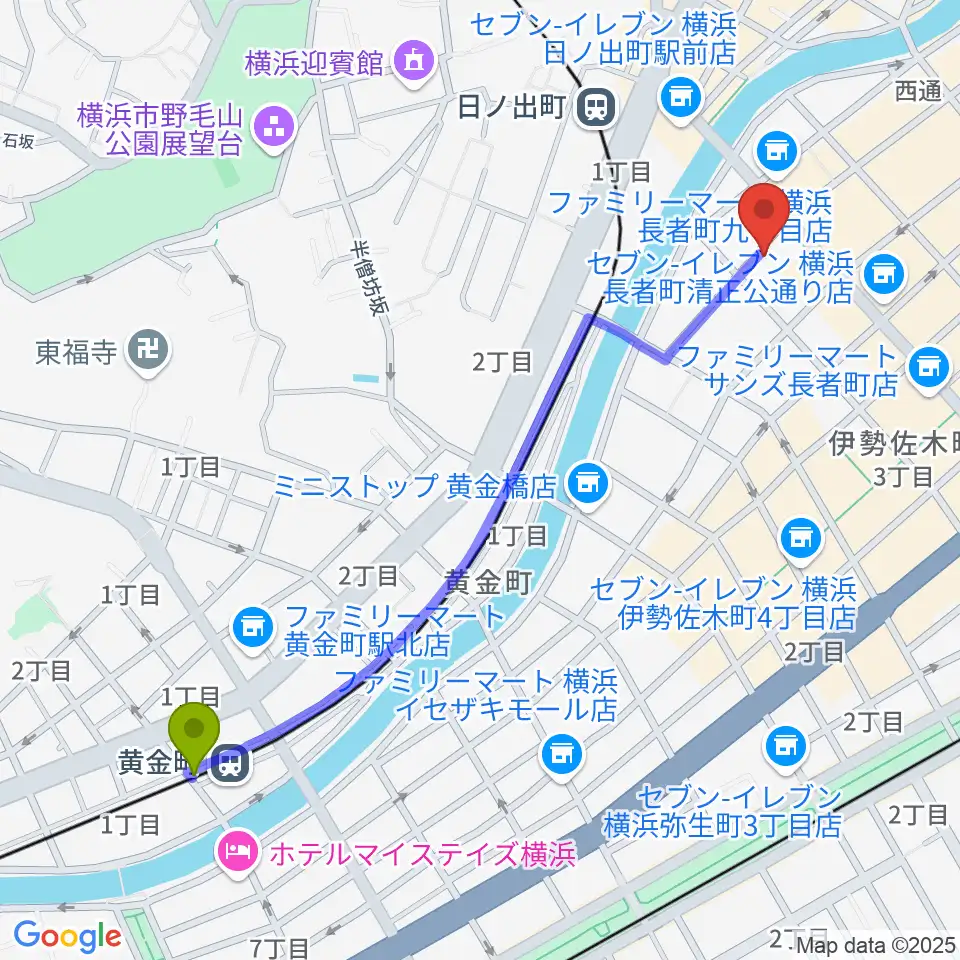 黄金町駅から横浜JAZZ FIRSTへのルートマップ地図