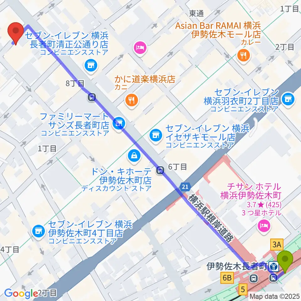 伊勢佐木長者町駅から横浜JAZZ FIRSTへのルートマップ地図