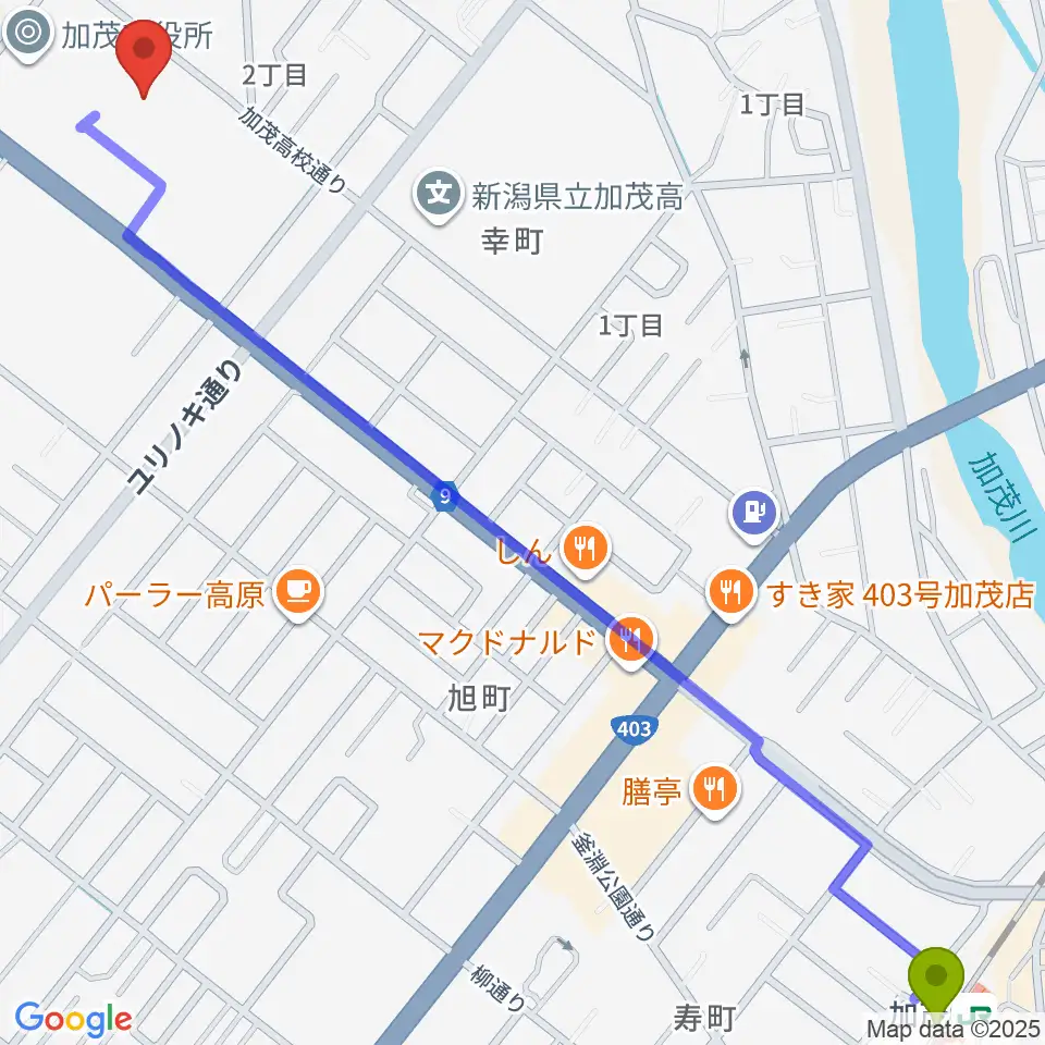 加茂文化会館の最寄駅加茂駅からの徒歩ルート（約18分）地図