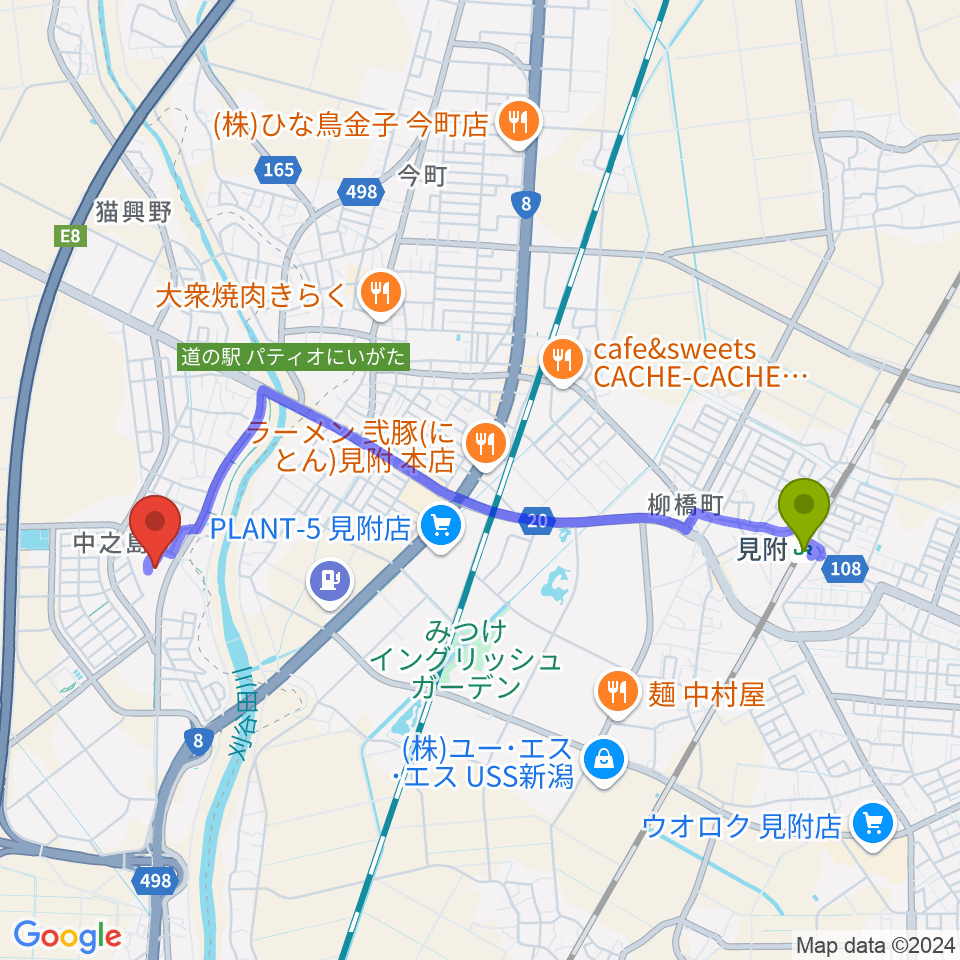 長岡市中之島文化センターの最寄駅見附駅からの徒歩ルート（約41分）地図