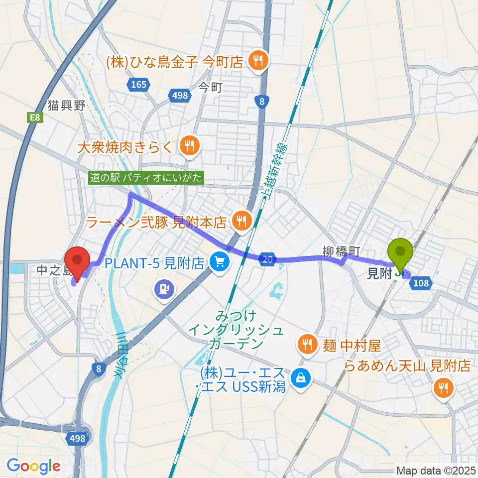 長岡市中之島文化センターの最寄駅見附駅からの徒歩ルート（約41分）地図