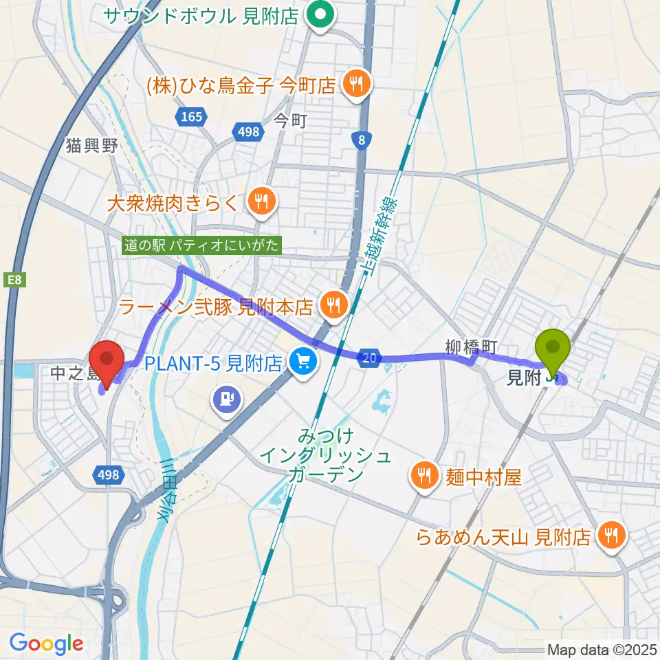 長岡市中之島文化センターの最寄駅見附駅からの徒歩ルート（約41分）地図