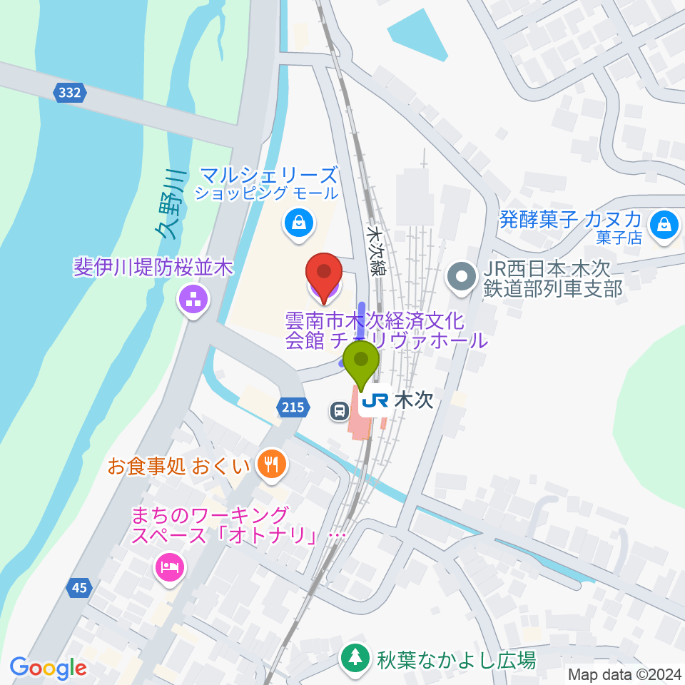 木次経済文化会館チェリヴァホールの最寄駅木次駅からの徒歩ルート（約1分）地図