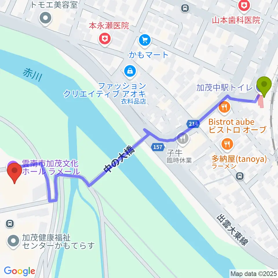 雲南市加茂文化ホール ラメールの最寄駅加茂中駅からの徒歩ルート（約7分）地図