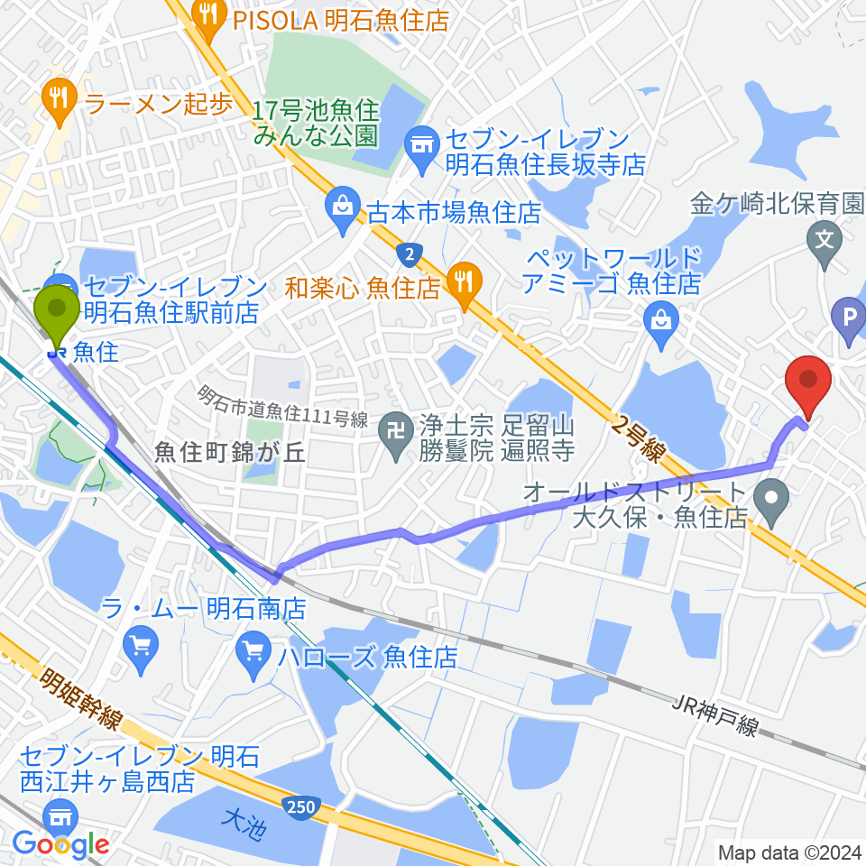 金ヶ崎文化教室の最寄駅魚住駅からの徒歩ルート（約27分）地図