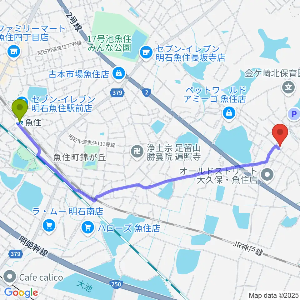 金ヶ崎文化教室の最寄駅魚住駅からの徒歩ルート（約27分）地図