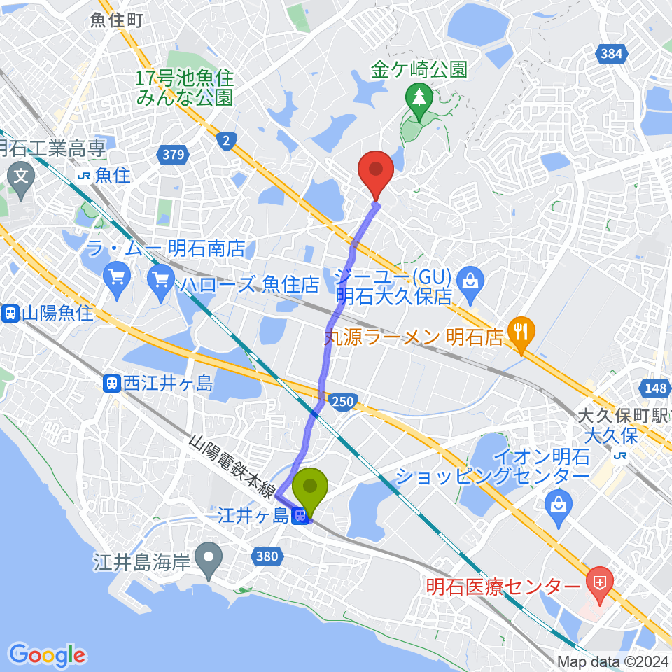 江井ヶ島駅から金ヶ崎文化教室へのルートマップ地図