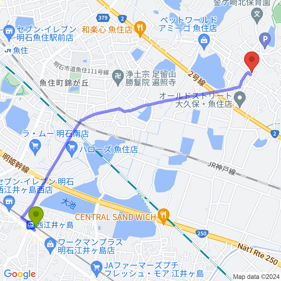 西江井ヶ島駅から金ヶ崎文化教室へのルートマップ地図