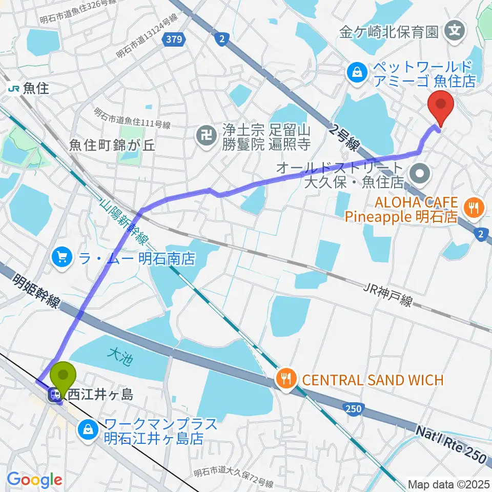 西江井ヶ島駅から金ヶ崎文化教室へのルートマップ地図