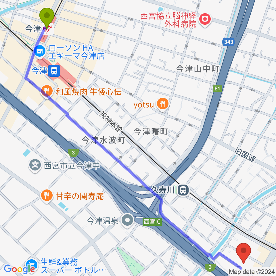 今津駅からまんまるみかんへのルートマップ地図