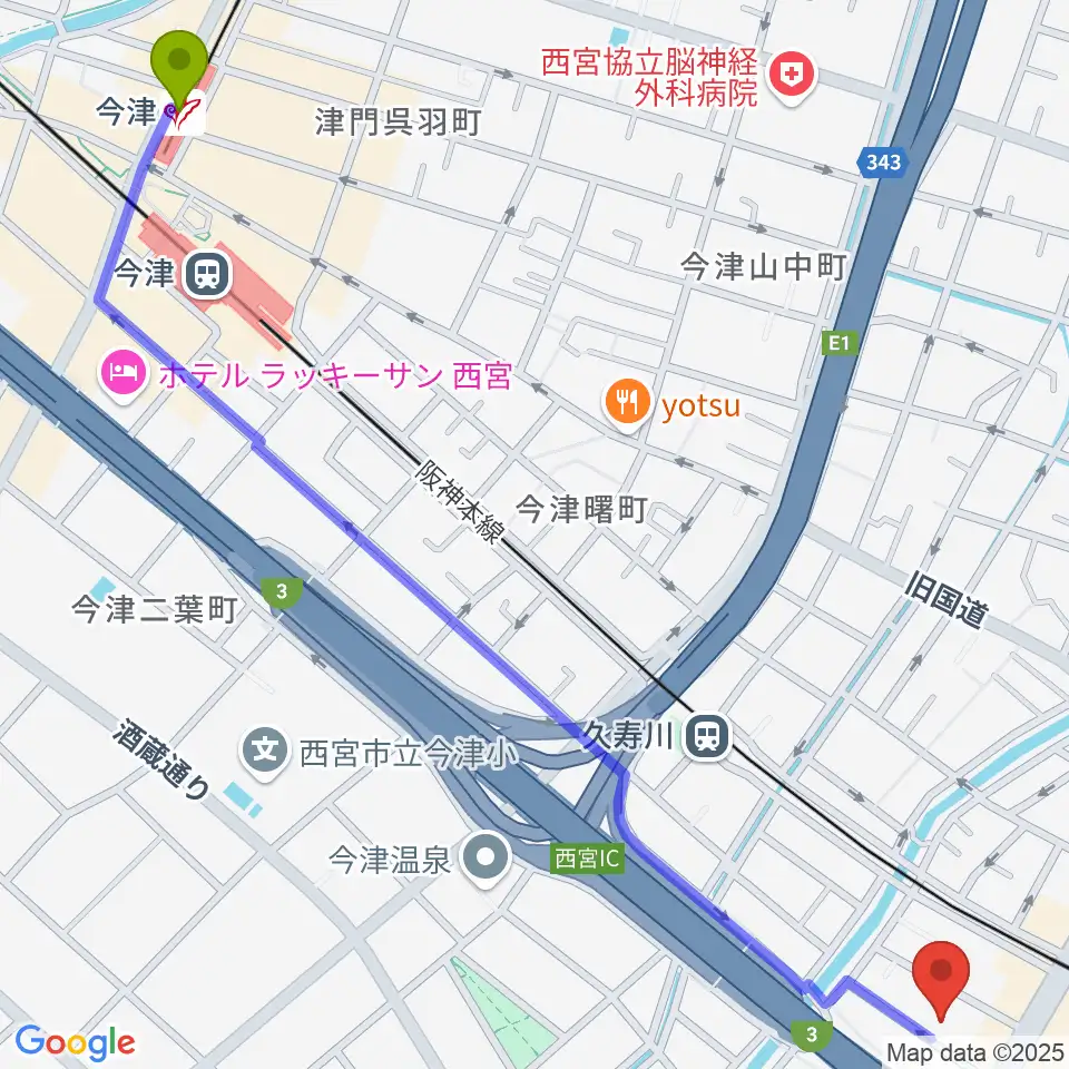 今津駅からまんまるみかんへのルートマップ地図