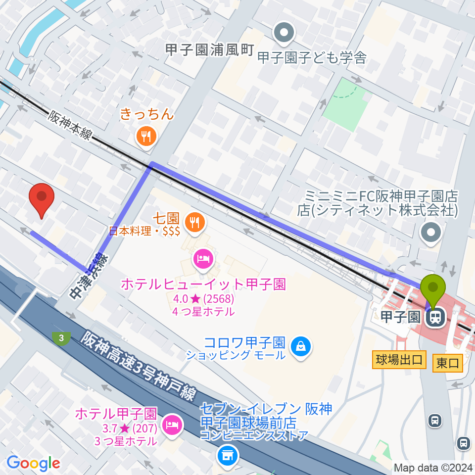 甲子園駅からまんまるみかんへのルートマップ地図