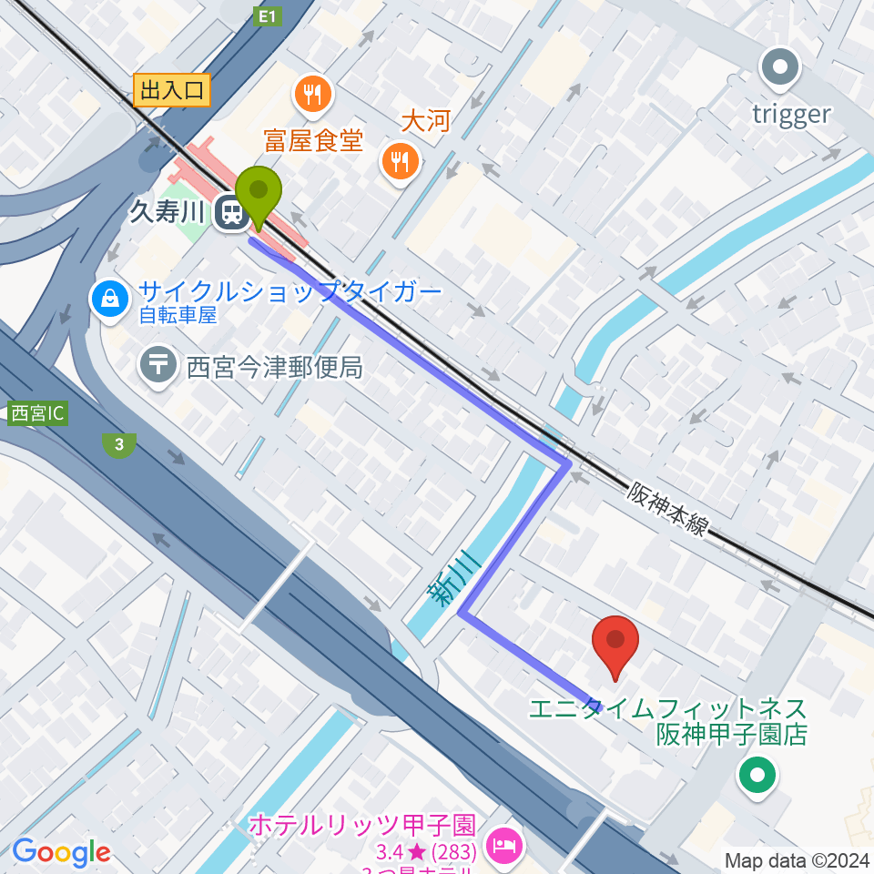 まんまるみかんの最寄駅久寿川駅からの徒歩ルート（約5分）地図