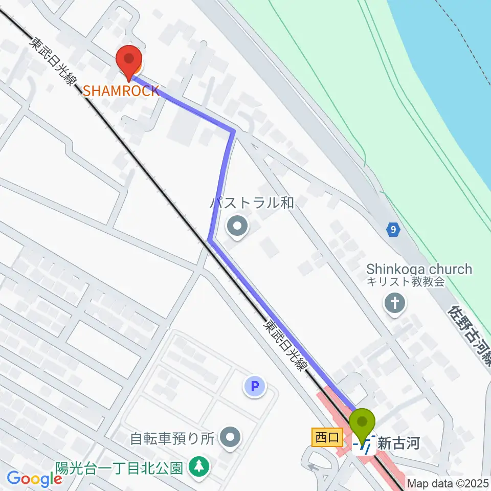 新古河シャムロックの最寄駅新古河駅からの徒歩ルート（約7分）地図