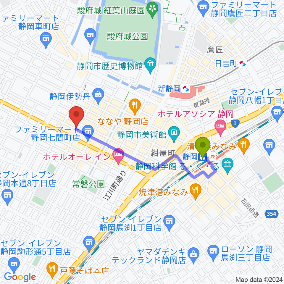 静岡駅から静岡ブラウンシュガーへのルートマップ地図