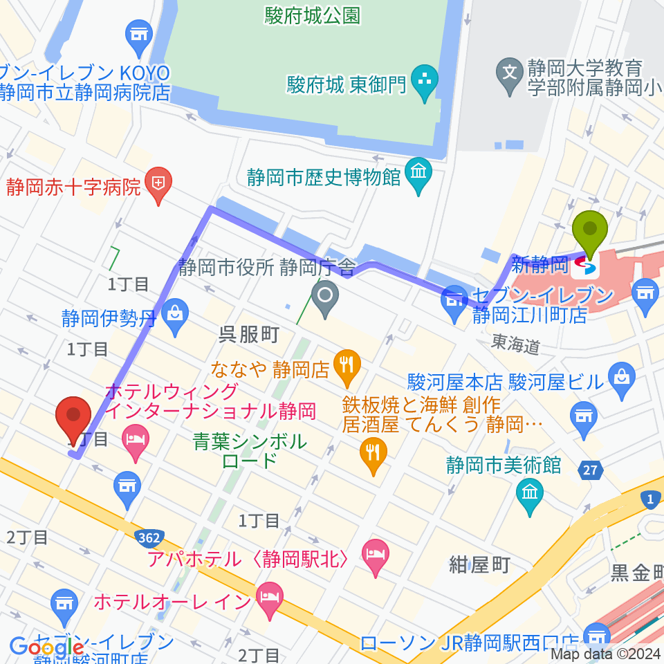 静岡ブラウンシュガーの最寄駅新静岡駅からの徒歩ルート（約13分）地図