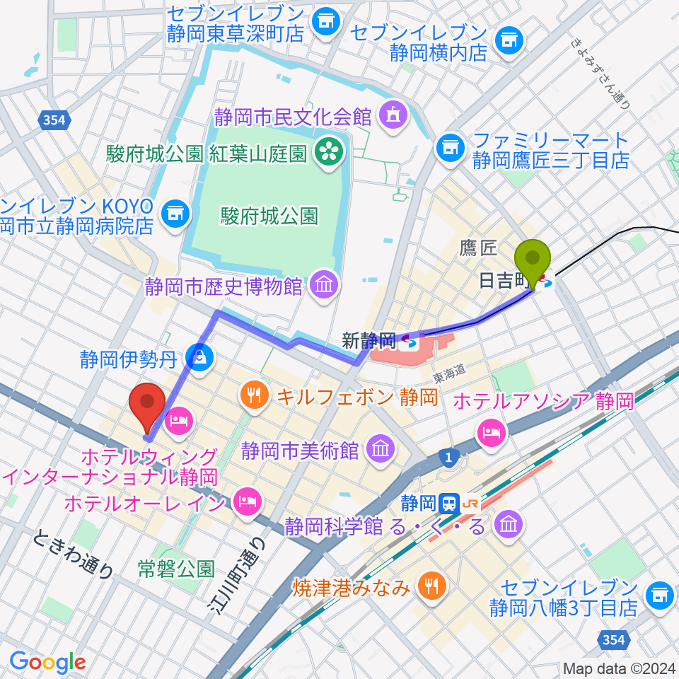 日吉町駅から静岡ブラウンシュガーへのルートマップ地図